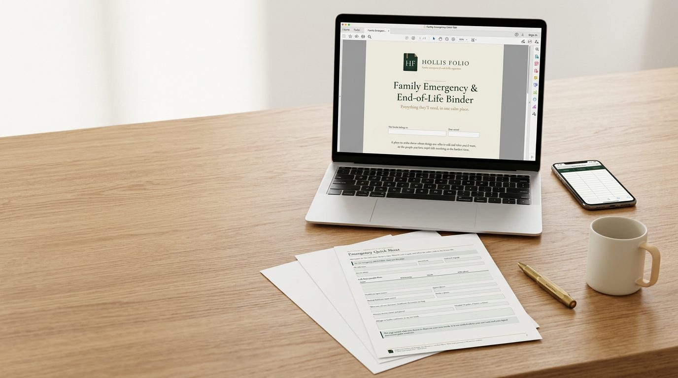 The Hollis Folio binder PDF open on a laptop, the spreadsheet companion on a phone, and a few pages printed at home