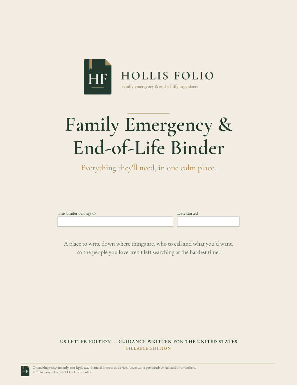 Preview of the Hollis Folio cover page with fillable name fields