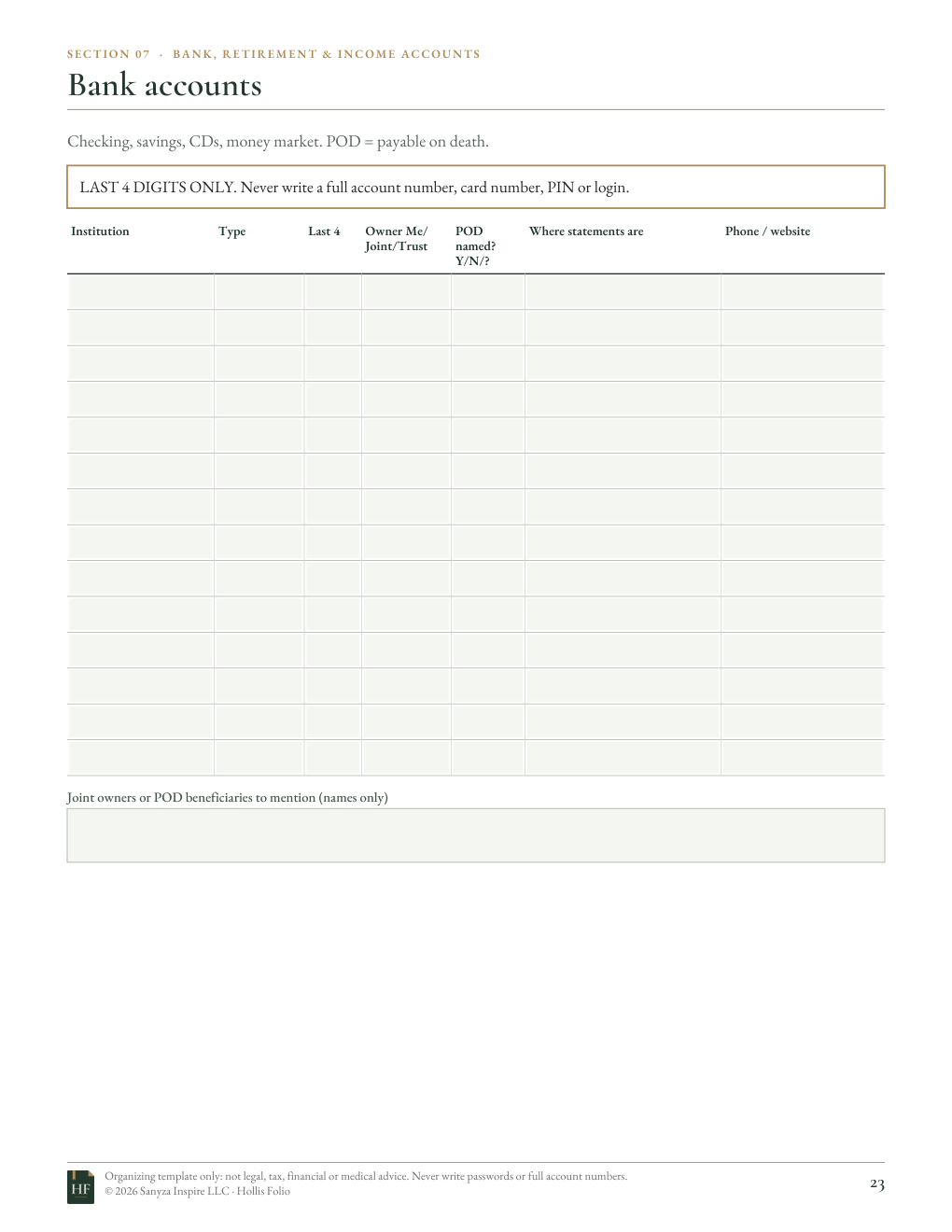 Preview of the Section 7 bank accounts page